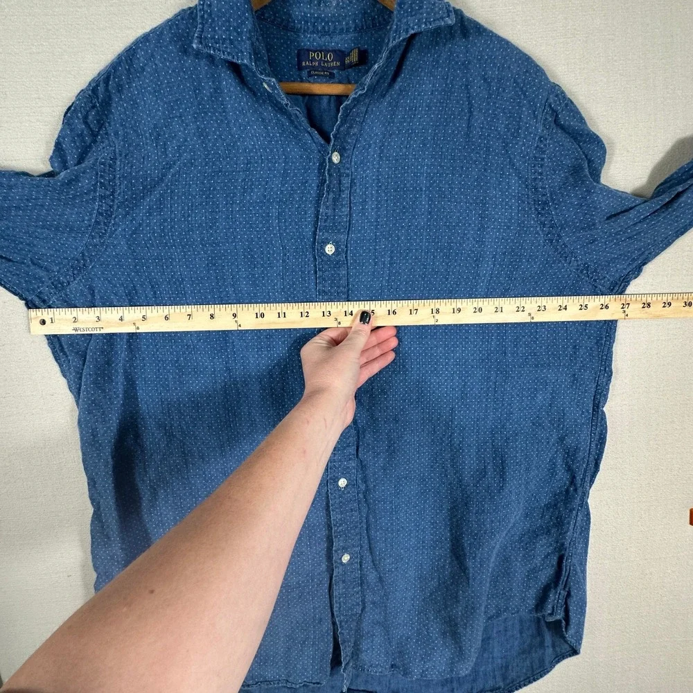 Polo Ralph Lauren Button Down Mens XXL Blue Excellent Linen Polka Dot Shirt